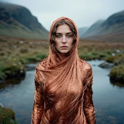 closeup portrait of a woman wrapped in copper fiber, standing in fairy pools in isle of skye in scotland, color photograph, by vincent desiderio, canon eos c 3 0 0, ƒ 1. 8, 3 5 mm, 8 k, medium - format print