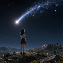 a girl on a hill watching a meteorite fall from space, very realistic digital art 3d render