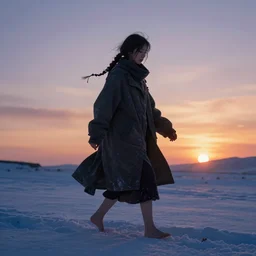 Himalayan woman walking barefoot in the snow, hair tied and braided loosely with random beads, sci-fi oversized coat, sunset, dramatic angle, cold, lost, hopeless, dynamic pose, 8k hdr pixiv dslr photo by Makoto Shinkai ilya kuvshinov and Wojtek Fus