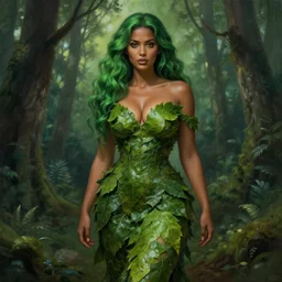 portrait of a forest mage, female, skintight dress made of green leaves, gorgeous, green hair, brown skin, curves, forest background, matte painting, artgerm and greg rutkowski and alphonse mucha