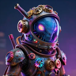 movie poster of a realistic alien with a steampunk space helmet with multicolored glowing gears and tubes and cables, crisp, trippy, fluorescent colors, insanely detailed, 3 d render, front shot, 3 5 mm
