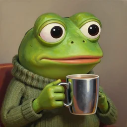 A Smug Pepe the Frog wearing a sweater and drinking out of a shiny coffee mug, detailed, very detailed, heavily detailed, HD Quality, 4k Resolution, 8k Resolution, Epic, Awesome, Oil Painting, Deviantart, Digital Art, Trending on Artstation, Detailed Face, Very Detailed Face