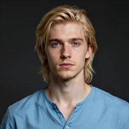 digital portrait of a skinny european male, slightly longer blond hair and a light stubble beard, wearing a light blue shirt, blue eyes, rugged, teenage no, fantasy, wizard, trending artstation, dungeons & dragons, neutral expression, dark lighting, high detail