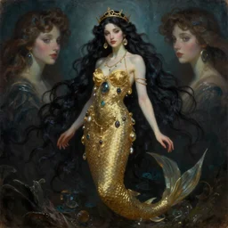a beautiful dark androgynous mermaid, pinup pose, long hair, tall and thin, wearing dozens of pendants and a gown of gold, small delicate crown of the sea on her head, illustration, dramatic lighting, Nocturne, soft details, painting oil on canvas, (art nouveau), octane render, HDR, 4k, 8k, HD, CGSociety, Artstation, by Brom, Charlie Bowater, faces by otto schmidt