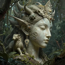 a sculpture of mythical creatures by syd mead and audrey kawasaki, elegant and unusually large beautiful female face emerging from the jungle, intricate, elegant, highly detailed, digital painting by audrey kawasaki, artstation, concept art, ambient occlusion, vray render,