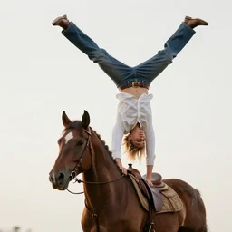 photo realistic cowboy doing a handstand on a horse with a white background