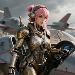 female steampunk robot fighter pilot mechanical girl with pink hair and green eyes jacked into the jet cockpit. beautiful. detailed. battle background