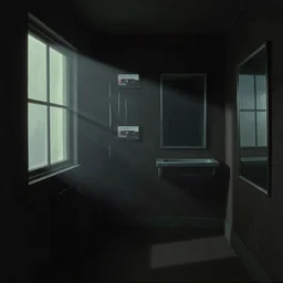 dark rooms at midnight, harsh light from window, mirrors and glass, cassette futurism, existential horror, atmospheric haze, film. illustration by edward hopper, norman rockwell. film still, 1 6 mm cinematography