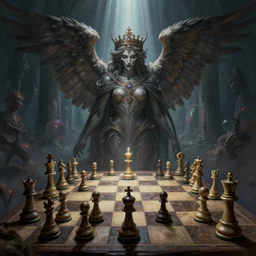 an intricate matte painting of A world creating chessboard bridge opens up to the 8-winged death angel wearing an intricate tiara , highly detailed creepily dimly lit exterior with shafts of iridescent light bouncing off magical realms, by Christophe Vacher and Bastien Lecouffe-Deharme, trending on artstation