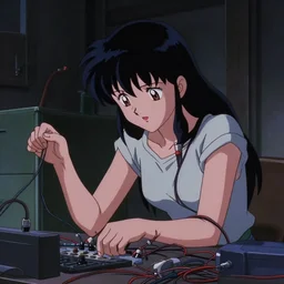 film still of a 2000s anime film, a girl hooked to many wires malfunctions, moody lighting