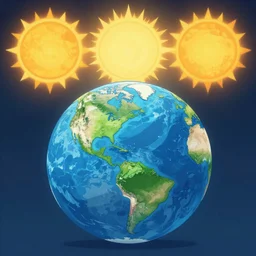 three suns on the sky and the earth is burning.