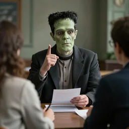 Frankenstein's Monster answers questions in a job interview, stock photograph