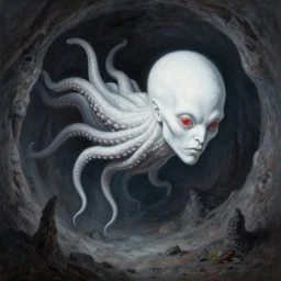 painting by greg rutkowski of a flying chalk white head and face, with tentacles coming of the neck, red eyes, flying in a terrying hell like cavernous place