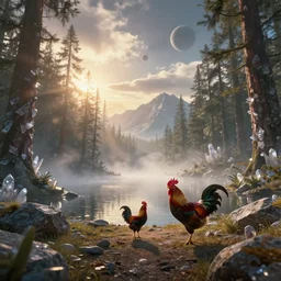 epic crystalline forest with a lake, rooster, golden hour, misty ground, rocky ground, distant mountains, atmospheric perspective, altostratus clouds, planets, cinematic, 3 5 mm lens, anamorphic lens flare, photographic, octane render, cinematography by roger deakins, in the style of ansel adams