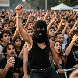 Jesus in balaclava mask raving in a huge crowd