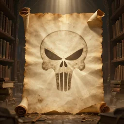 ancient fantasy library with papyrus scroll showing punisher symbol light rays in dust