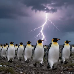 penguins running away from a lightening storm, wildlife photography, highly detailed, high quality, 8 k, soft lighting,