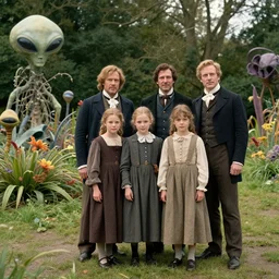 sharp, highly detailed, 9216k film, 17500mm film still from a sci fi blockbuster color movie made in 2019, set in 1860, of a family standing in a park, next to some strange alien plants and flowers, on an alien planet, the family are all wearing 1860s era clothes, good lighting, enhanced faces, 350mm f/1.4L lens