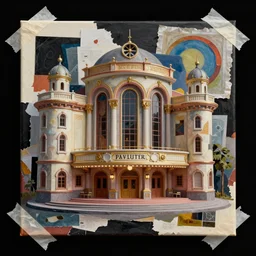 rendered in blender beautiful theater building, dadaism, black background, collage paper and tape, acrylic on canvas, high resolution, cinematic, unreal 6, breathtaking detailed, by cornell joseph