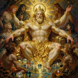 hyper realistic painting of mighty god of abudance, river of gold and precious stones by wayne barlowe, gustav moreau, goward, gaston bussiere and roberto ferri, santiago caruso, and austin osman spare, ( ( ( ( occult art ) ) ) ) bouguereau, alphonse mucha, saturno butto