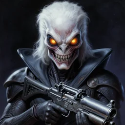 close up sci - fi cosmic horror art simon stalenhag cable xmen reptile eyes, white hair and a plasma rifle, elegant, highly detailed, centered, digital painting, concept art, smooth, sharp focus, illustration, artgerm, tomasz alen kopera, peter mohrbacher, donato giancola, joseph christian leyendecker, wlop, frank frazetta