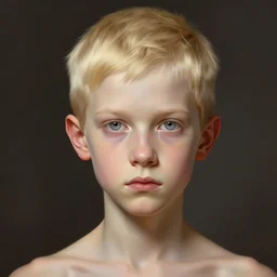 portrait of 1 5 - year - old boy, a tall, slender boy with a pale, pointed face, sleek blond hair, and ice grey eyes, cold grey eyes, highly detailed, digital painting, artstation, concept art, smooth, sharp focus, illustration, art by artgerm and greg rutkowski and alphonse mucha