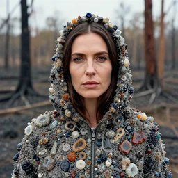 closeup portrait of a woman wearing a cloak made of colorful geode crystals and wire, standing in a burnt forest, by Annie Leibovitz and Steve McCurry, natural light, detailed face, CANON Eos C300, ƒ1.8, 35mm, 8K, medium-format print