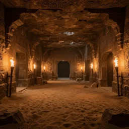 man-made underground dungeon interior with low ceiling and brown stone walls, vast sand pits, doorways and passages, lit by orange torchlight, engraved carvings on the walls;  detailed, best on artstation, raymond swanland, bayard wu, cosmic, epic, stunning, masterpiece