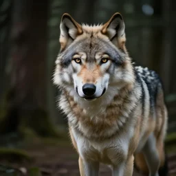 werecreature consisting of human and wolf, photograph of dark forest