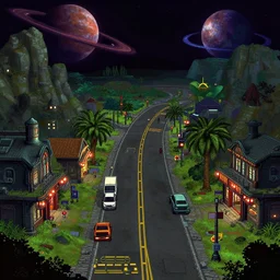 on main street of a remote outpost, on a remote planet, cyberpunk style, from a sierra point and click 2 d graphic adventure game, set design inspired slightly by tomb raider, art inspired by [ [ [ thomas kinkade ] ] ] and [ mark keathley ]