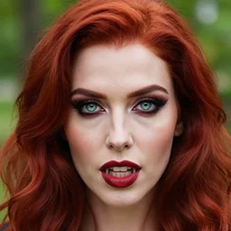 award winning 5 5 mm close up face portrait photo of an anesthetic and beautiful redhead vampire lady who looks directly at the camera with bloodred wavy hair, intricate eyes that look like gems, and long fangs, in a park by luis royo. rule of thirds.