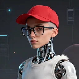 retrofuturistic portrait of a beautiful cute young ducktail shaved moroccan man with wayfarer glasses and red baseball hat minimal bionic, space graphics in background, quint buchholz, wlop, dan mumford, artgerm, liam brazier, peter mohrbacher, raw, featured on artstation, octane render, cinematic, elegant, intricate, 8 k