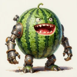 semi reallistic gouache gesture painting, by yoshitaka amano, by ruan jia, by Conrad roset, by dofus online artists, detailed anime 3d render watermelon monster, watermelon terrible monster, anthropomorphic watermelon,  portrait, cgsociety, artstation, rococo mechanical, Digital reality, sf5 ink style, dieselpunk atmosphere, gesture  drawn