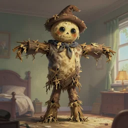 an monstrous scarecrow, shinny eyes scarecrow, gentle, posing, cute pose, vaporwave, bedroom, highly detailed, digital painting, artstation, concept art, smooth, sharp focus, illustration, art by artgerm and greg rutkowski and alphonse mucha