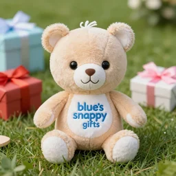 blue'snappy gifts'logo plush doll, on grass, gifts, happy atmosphere, high detail, soft lighting, 8 k
