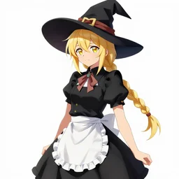 Portrait of Marisa Kirisame is young witch with blonde hair with single braid and golden yellow eyes, wearing black vest and skirt, white waist apron and undershirt, and pointed black witch hat, Touhou character illustration by Ross Tran, Yoshitaka Amano Oskar Shlemmer Artstation