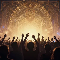 crowd partying with their hands up and lighters in the air at a festival, silhouette, digital art, trending on artstation, 4k, unreal engine, intricate, ornate