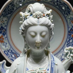 The Goddess of Beauty, A Close up photo-real delicate ceramic porcelain sculpture of an ornate detailed in front of an intricate background by Victo Ngai and takato yamamoto, micro detail, backlit lighting, face in focus, subsurface scattering, translucent, thin porcelain, octane renderer, colorful, physically based rendering, japanese pottery, trending on cgsociety