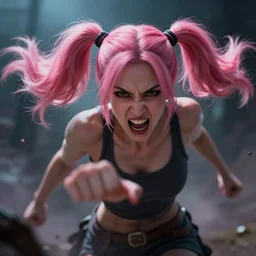 a d & d portrait of a growling woman with pink pigtails, ready to fight, art by deiv calviz, splash art, fantasy, atmospheric lighting, by greg rutkowski, hd wallpaper, ultra high details, cinematic composition, professional unique masterpiece
