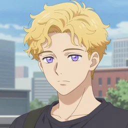 a beautiful man with a two block haircut, light gold fluffy curly blond hair and pale white skin, lavender eyes, city landscape, 4k, anime key visual, lois van baarle, ilya kuvshinov, rossdraws, artstation