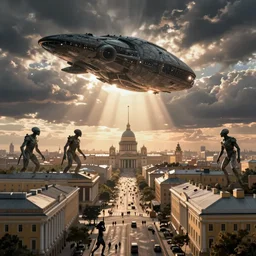 ( saint petersburg cityscape ) huge alien starship landing in th horison and on some buildings, aliens titans walking, cinematic, epic, dramatic lighting, cinematic view, epic sky, detailed, concept art, low angle, high detail, warm lighting, volumetric, godrays, vivid, beautiful, trending on artstation, by jordan grimmer, huge scene, art greg rutkowski