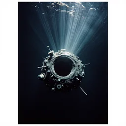 a black hole in dark void underwater - complex and hyperdetailed technical design. reflection and dispersion materials. rays and dispersion of light. volumetric light. f / 3 2. noise film photo. flash photography. ultra realistic, 5 0 mm. poster by wayne barlowe, hajime sorayama aaron horkey, craig mullins