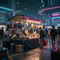 a market stall at a futuristic cyber punk trade show in 2 0 5 5 from a distance, neon lighting, cinematic, dslr, unreal engine, hyper realistic