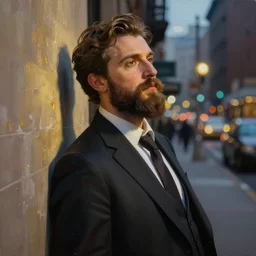 beautiful oil matte portrait painting, bearded man in a suit leaning back against a wall in a new york city street at night, detailed face, wonderful masterpiece highly detailed, beautiful cinematic light deep focus, elegant, digital painting, smooth, sharp focus, golden ratio, dramatic illumination, ultra realistic, 8 k, art by jimmy law