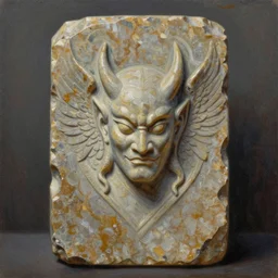polished rectangular stone with demon wings and a subtle demon face engraved in the stone, oil painting, detailed