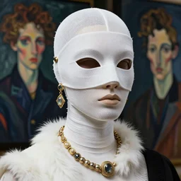 a futuristic portrait by mask made of wires and white gauzes, white fur necklace twisted around neck, design by leonardo davinci, inspired by egon schiele, modern art, baroque art jewelry, new classic, fashion design, photorealistic, hyper realistic, cinematic composition, cinematic lighting, fashion design, concept art, 8 k