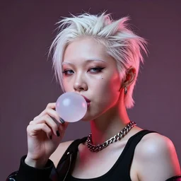 beautiful defiant albino asian woman chewing delicious gum, photograph, award wining, red and white, trending on artstation, punk attitude, 4k, unreal engine 5, octane render, neon highlights