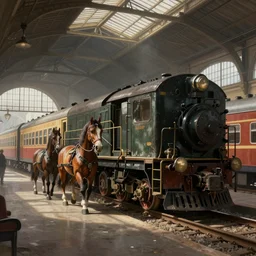 portrait of a train station that mechanical horses are used to push the trains, digital painting, artstation, concept art, donato giancola, Joseph Christian Leyendecker, WLOP, Boris Vallejo, wide view, cinematic lighting, dramatic lighting, masterpiece, light brazen, extremely detailed, Breathtaking, 8k resolution, extremely detailed, beautiful, establishing shot, artistic, hyperrealistic, octane render,