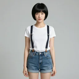 a woman with black hair and long pixie haircut in shorts with suspenders and white t-shirt drawn by Frederic Leighton, norman rockwell, frank frazetta, alphonso azpiri, maler collieri, peter paul rubens, alphonse mucha, gustav klimt 4k, unreal 5, DAZ, french noveau, trending on artstation, octane render, hyperrealistic