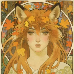 detailed face portrait of a beautiful Female Furry with an autumn forest rising out of her hair by Alphonse Mucha, Ayami Kojima, Amano, Charlie Bowater, Art Nouveau, Neo-Gothic, gothic, rich deep moody colors